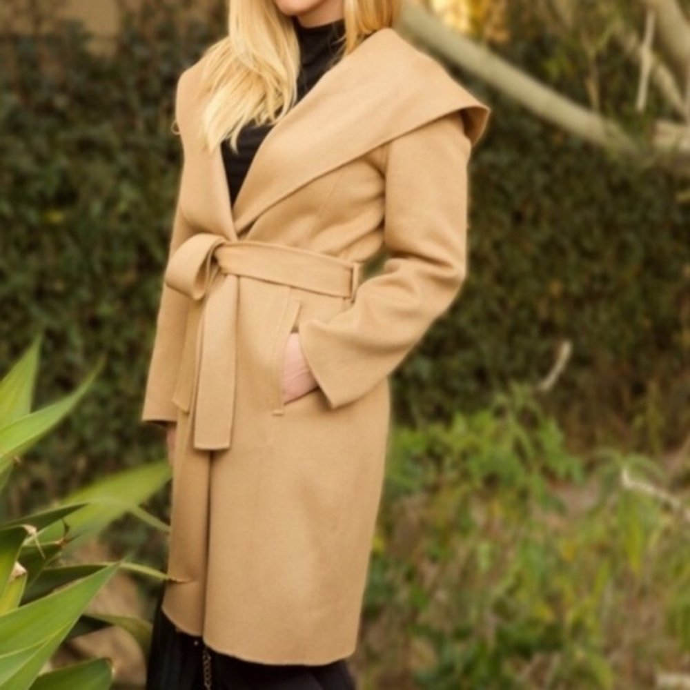 Theory Wilrose New Divide Cashmere Wool Hooded Belted Wrap Coat Tan Medium/Small